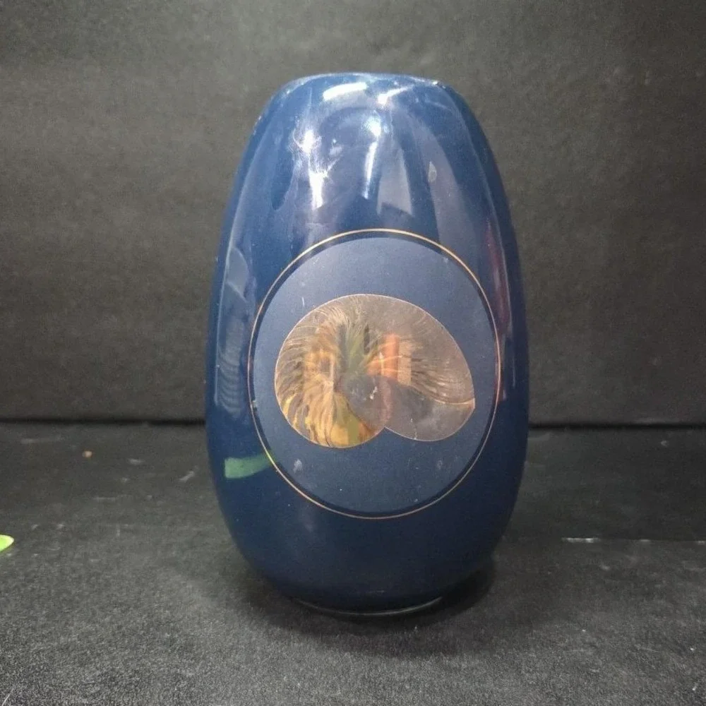 Otagiri Japan Nautilus Navy Blue Porcelain Vase, Vintage Gold Sea Shell Design‎